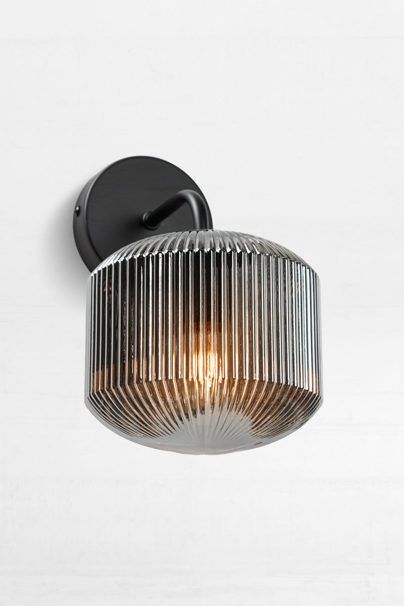 Steller Reeded Glass Wall Light grey with black arm