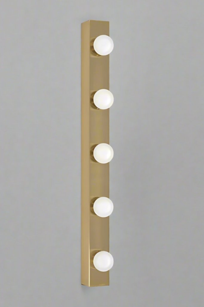 Vertical view of the brushed brass vanity stip light with 5 LED bulbs 