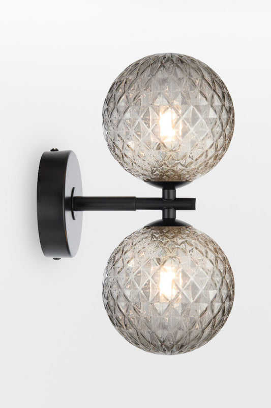 Black double up/down lampholder wall light with smoke tear finish. 