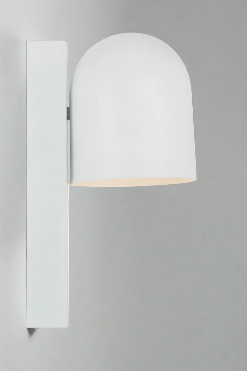 Side view of a white touch wall light with swival shade. 