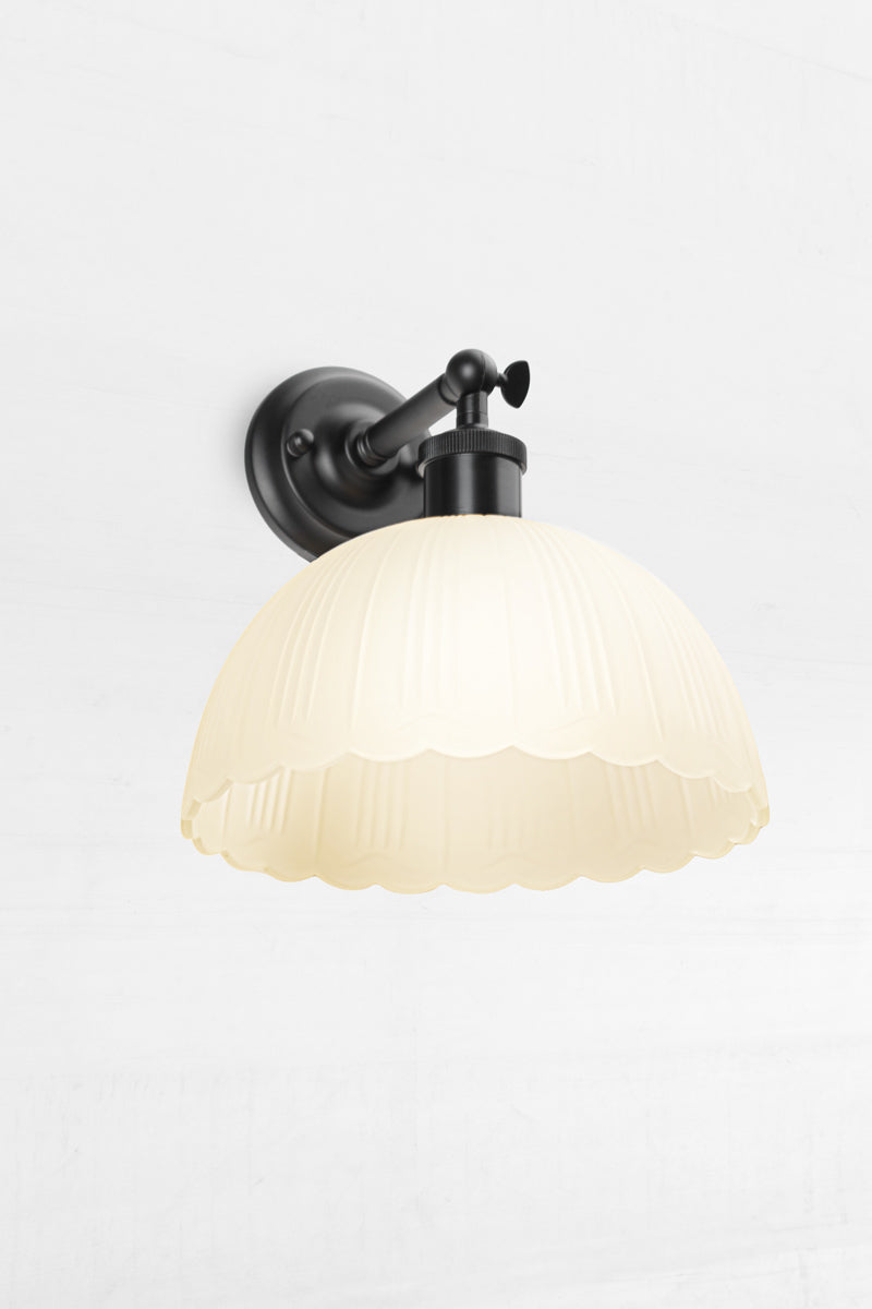 black short arm with dome frost glass shade and scalloped edging