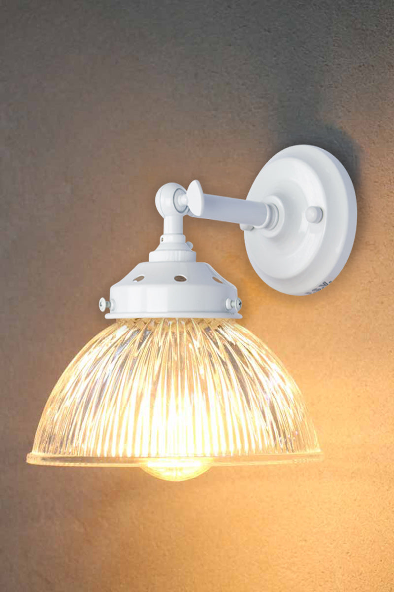 Antique halophane glass wall light. industrial light sconce in white.  