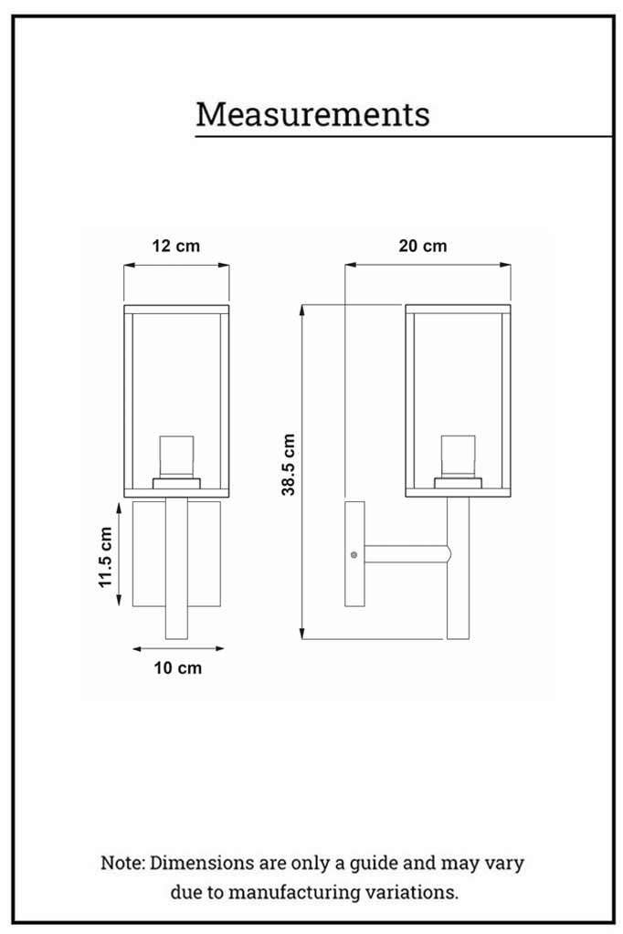 Dimension illustration of the Manly outdoor wall lantern. 