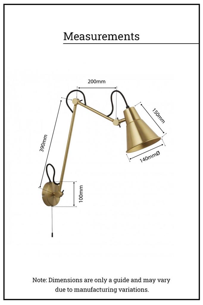 Brass metal wall light with adjustable arm and dimensions. 