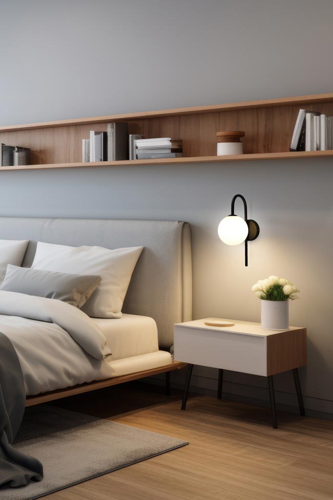 Black opal glass wall light positioned over a bedside table.