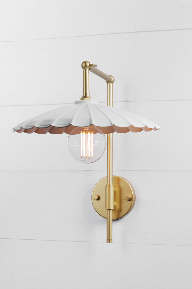 white Umbrella shade on gold brass Hook Swivel Wall Light