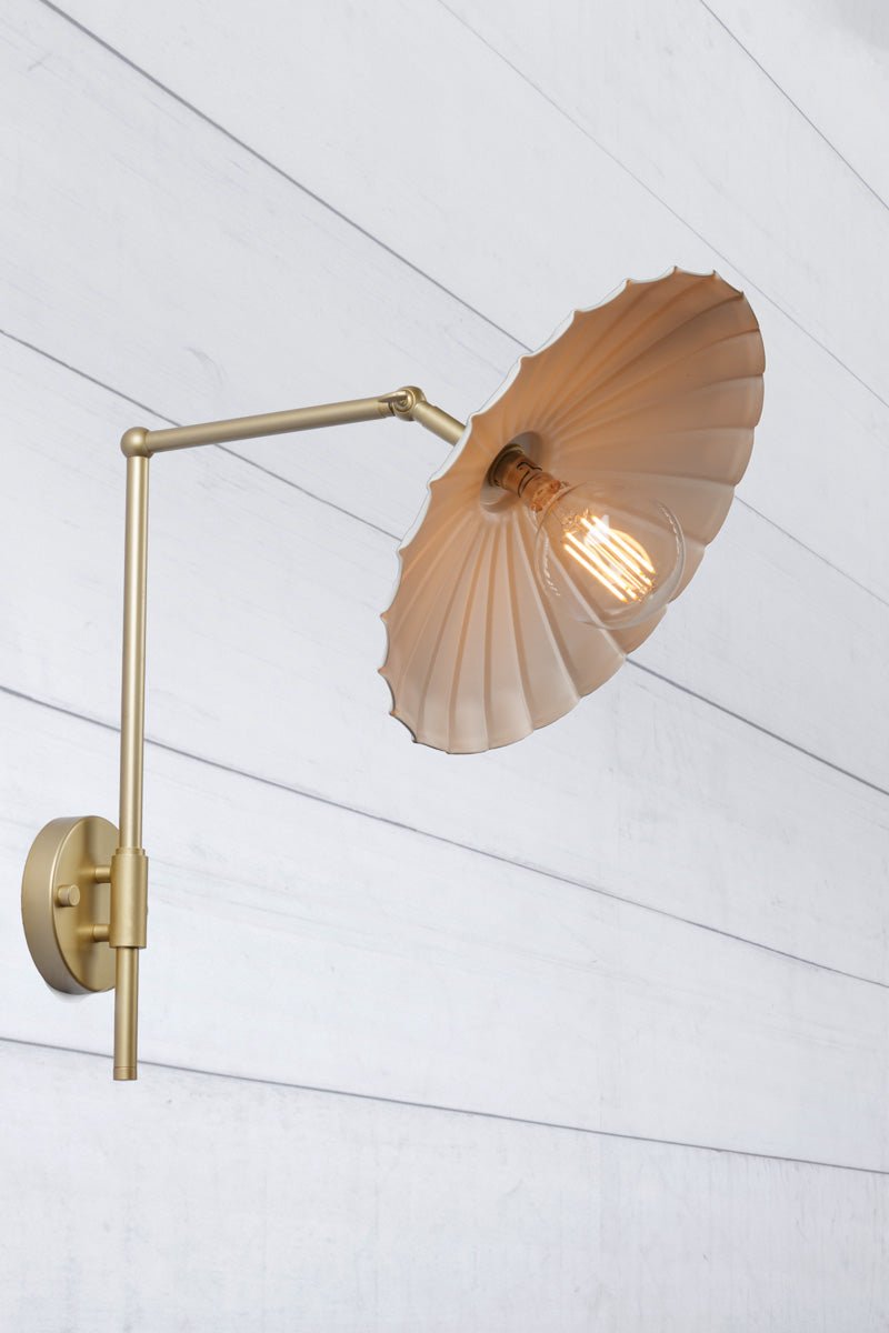 white Umbrella shade on gold brass Hook Swivel Wall Light