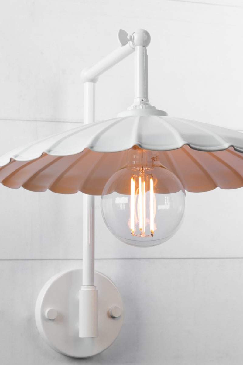 white Umbrella shade on white Hook Swivel Wall Light