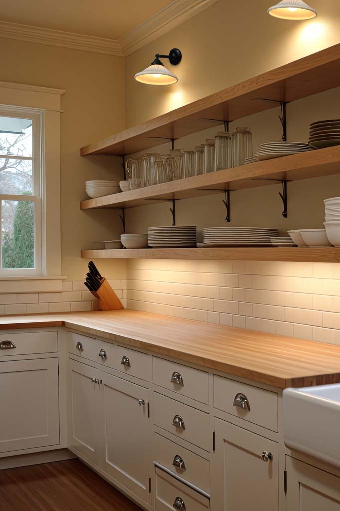 Two white ceramic pleated lights attached to black short, straight arm sconces in a moody walk in pantry. 