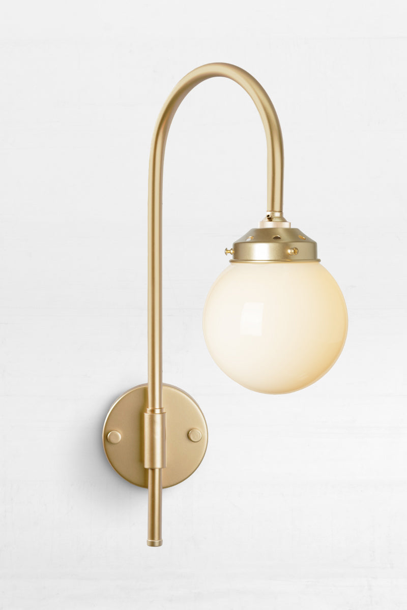 Glass Ball with gold Shepard Hook Swivel Arm Wall Light and opal shade