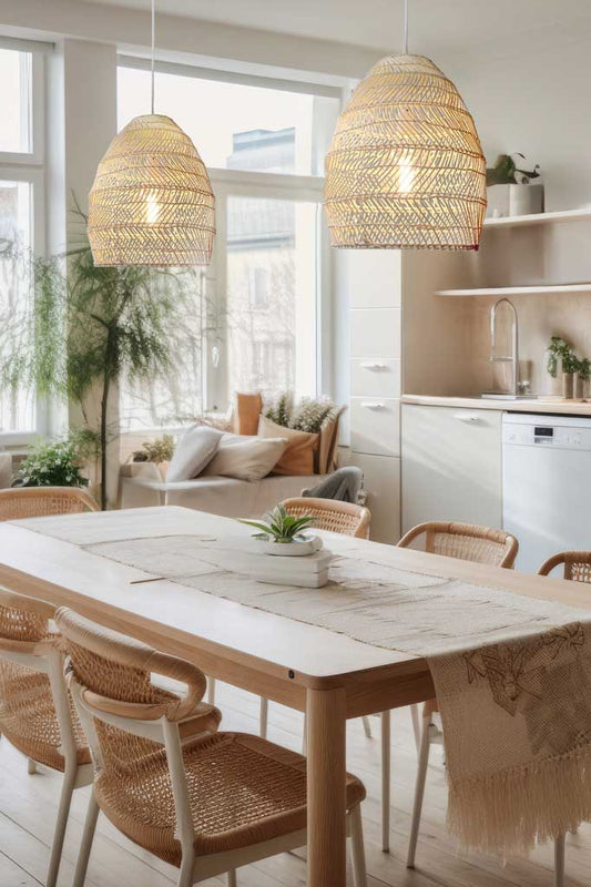 two wicker pendant lights above dining table