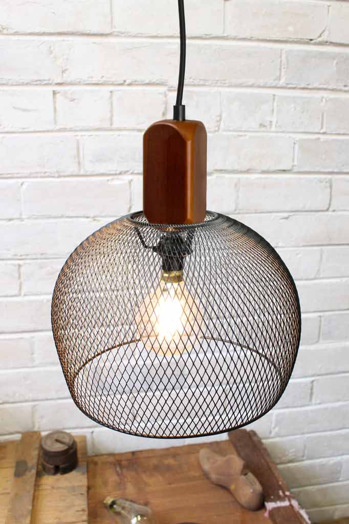 Close up of a Woodtop basket pendant light 