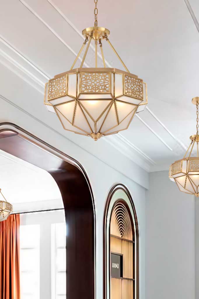 Brass pendant light in hallway