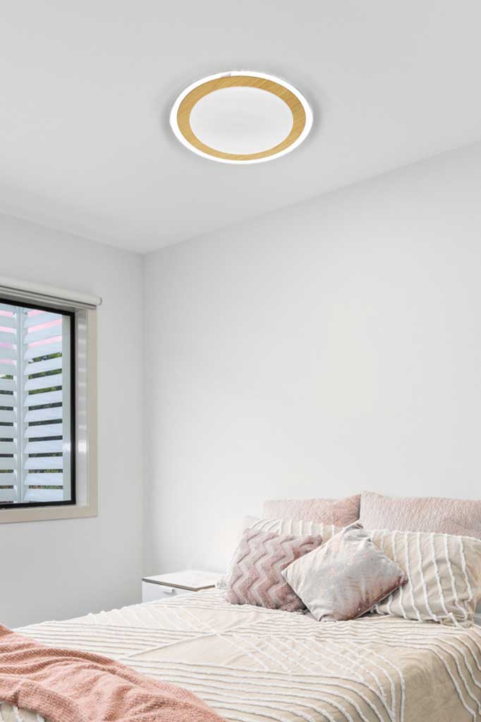 Hollis LED CCT Ceiling Light oak in bedroom