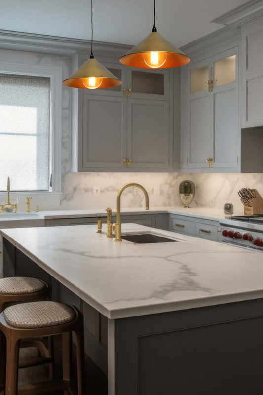 Two brass cone pendant lights hanging over a kitchen island bench