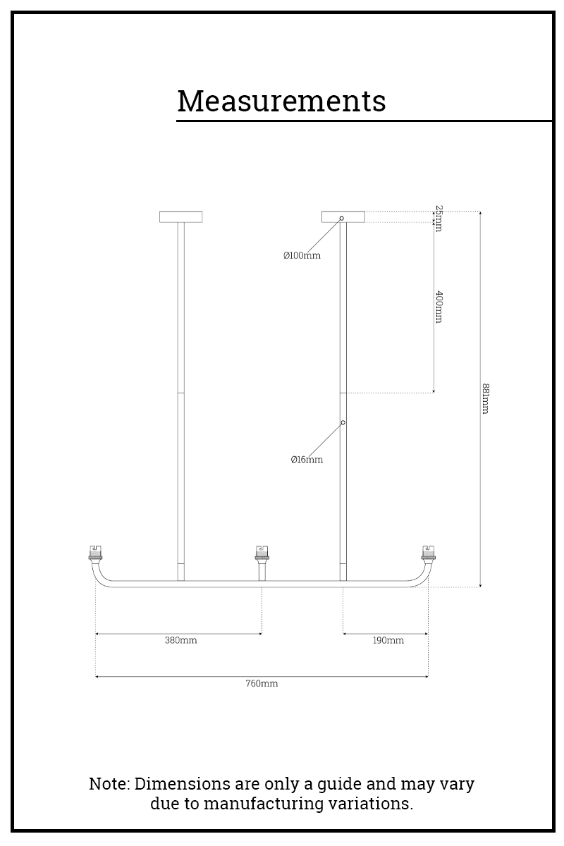 Dimension illustration of the three lamp  Linear Chandelier.