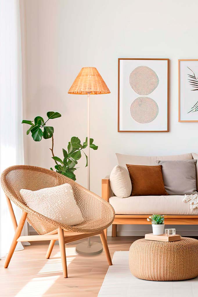 Rattan floor lamp in a living room next to a sofa.