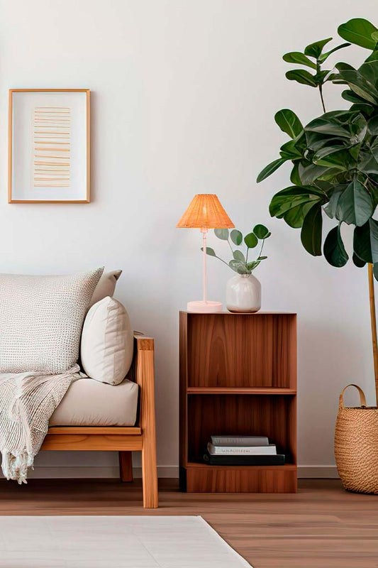 rattan table lamp in a living room 