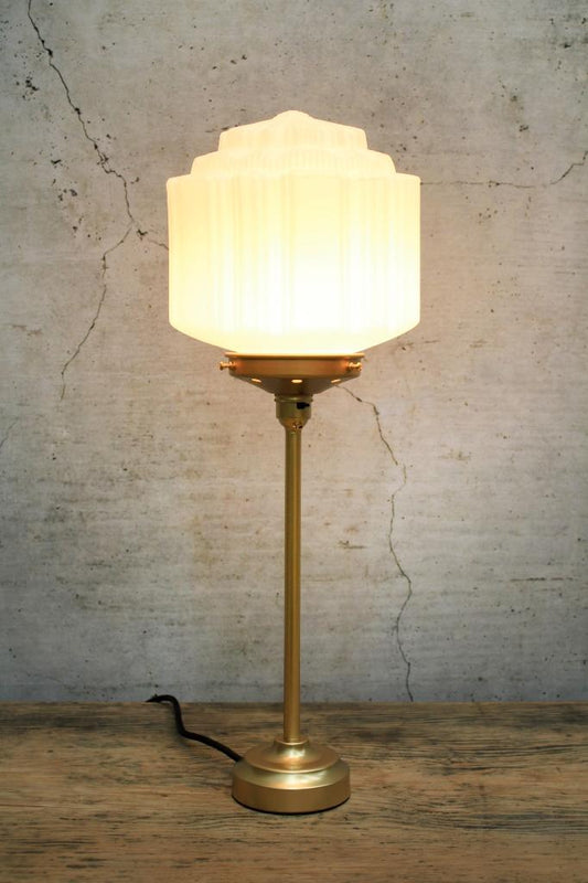 Art deco table lamp with gold base and gold gallery