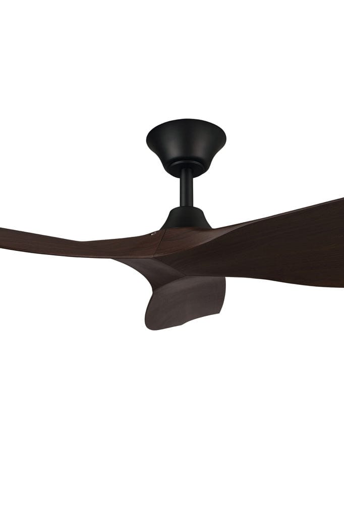 Close up Koa and black 3 blade ceiling fan