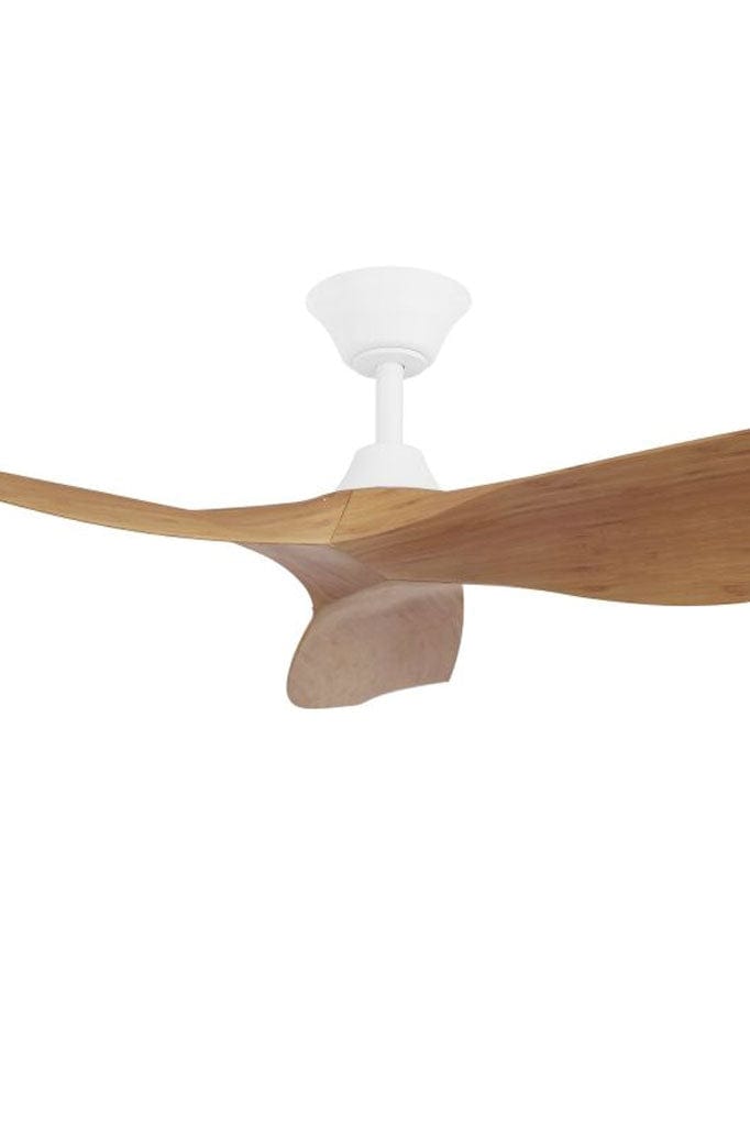 Bamboo and white 3 blade ceiling fan close up