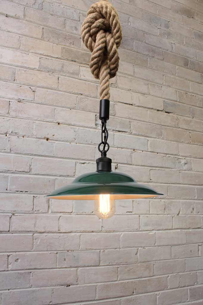 Barn rope pendant light with green shade