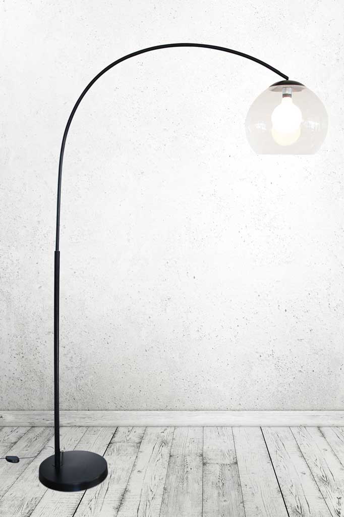 Black arc floor lamp with clear glass shade