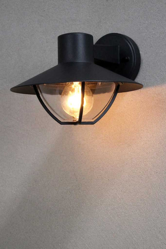 Black outdoor wall light with caged shade