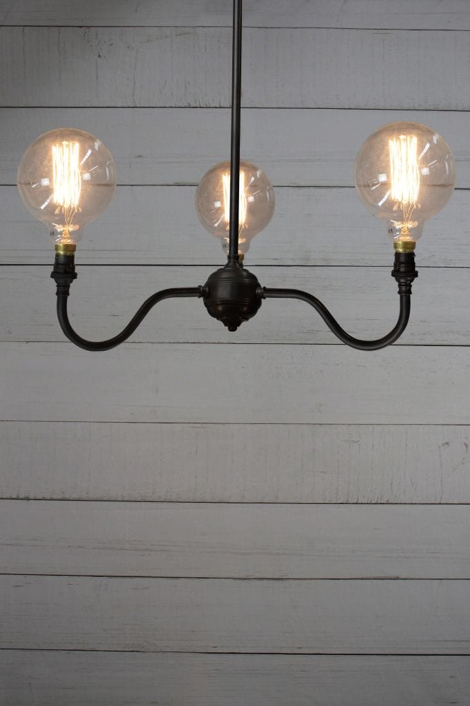 Industrial gooseneck chandelier with filament bulbs upright