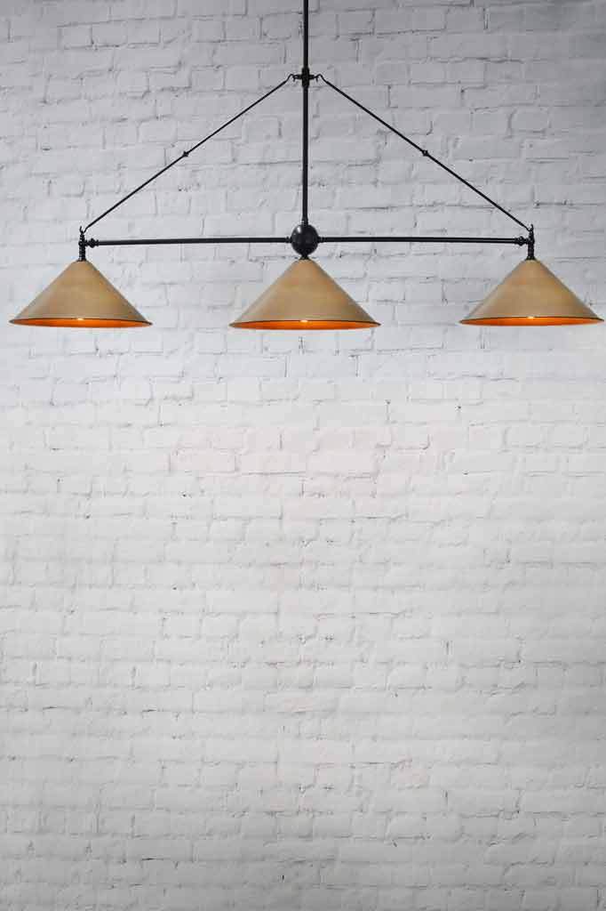 3 light pendant with brass cone shades