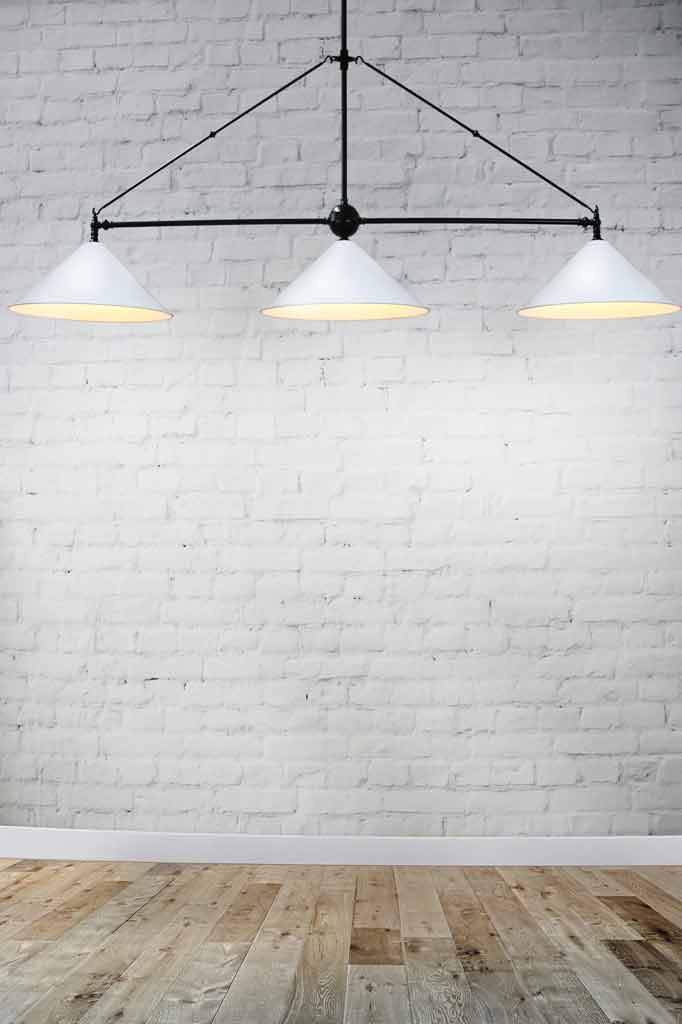 3 light pendant with white cone shades