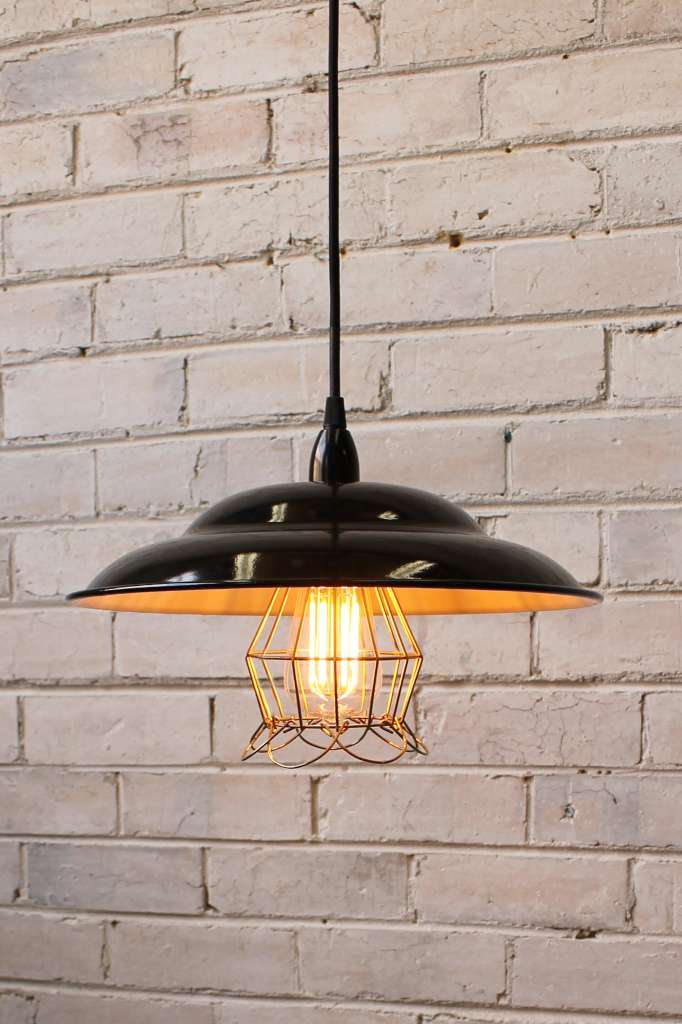 Black-steel-pendant-light-with-yellow-nickel-cage