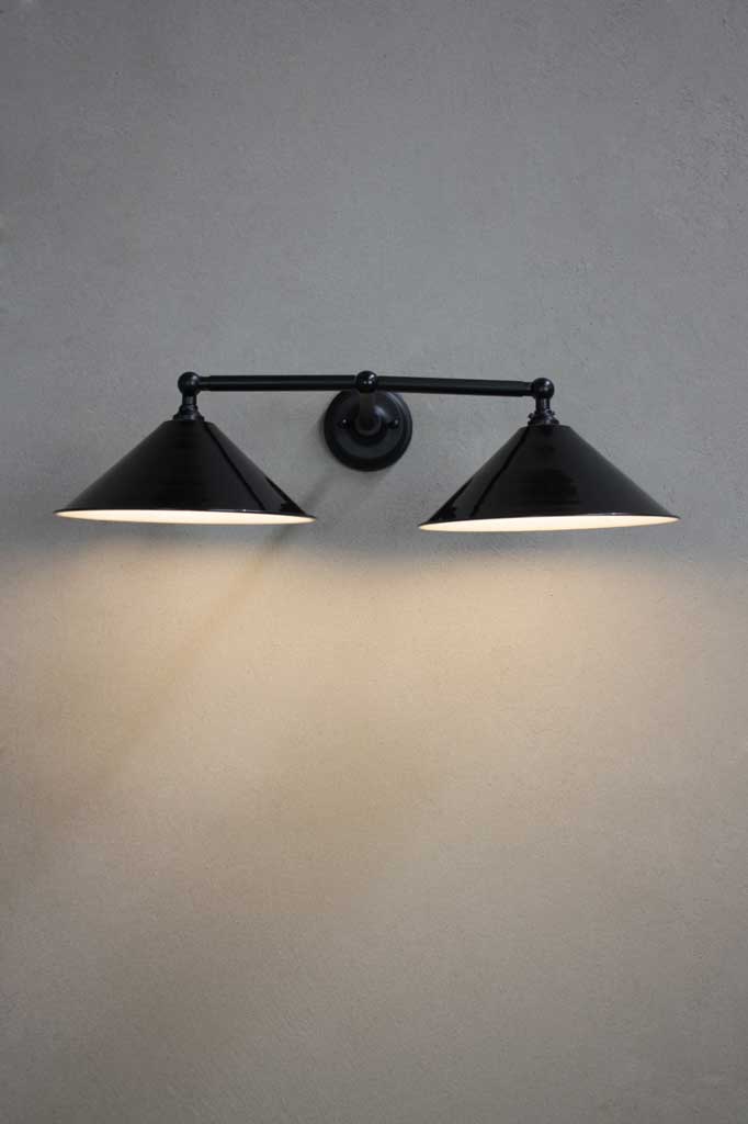 Black double arm sconce with black shades