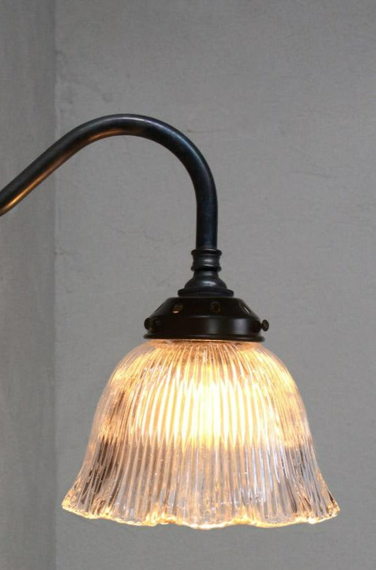 Matt Black Brass 3 light pendant with holophane glass shades