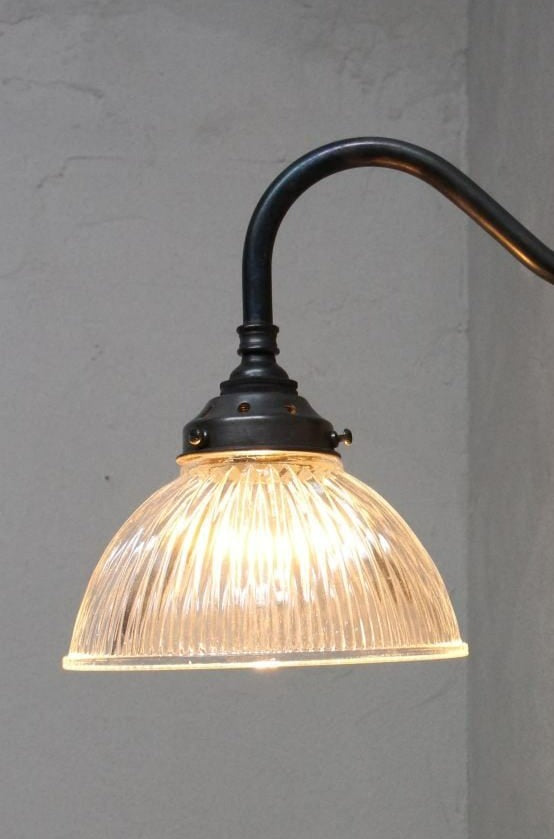 Matt Black Brass 3 light pendant with holophane glass shades