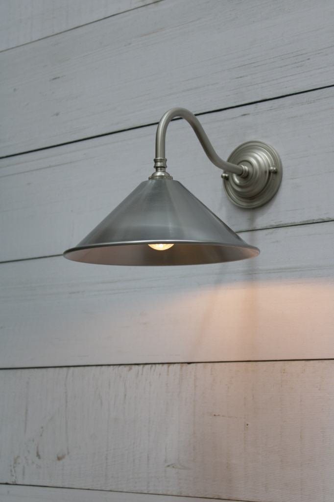 Cone gooseneck wall light in satin nickel finish with small vintage steel shade