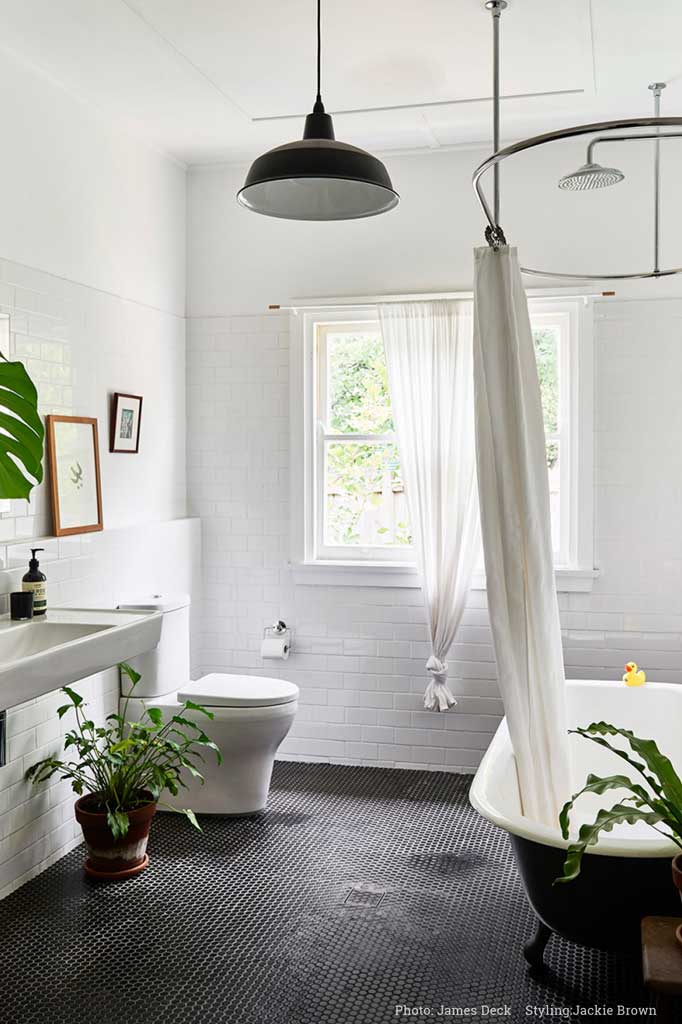 black pendant light in bathroom