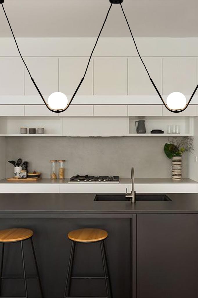 glass ball lights over kitchen island