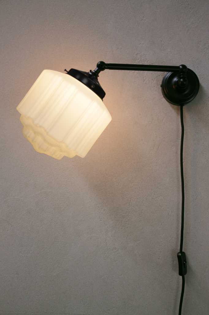 Deco Glass Wall Light adjustable long black steel arm with wall plug, black gallery and opal shade