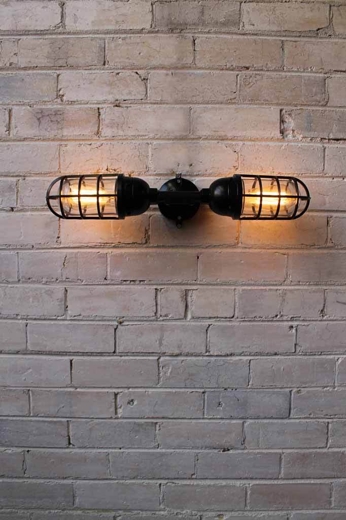 Double black cage bunker wall light