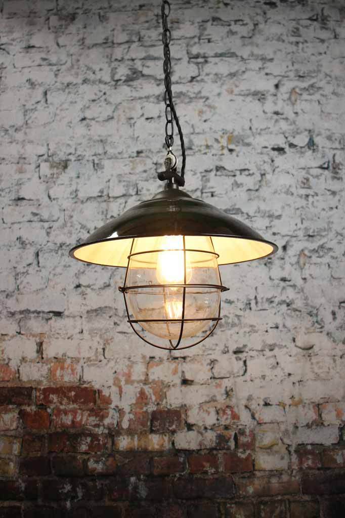 Engine room hanging light porcelain enamel shade