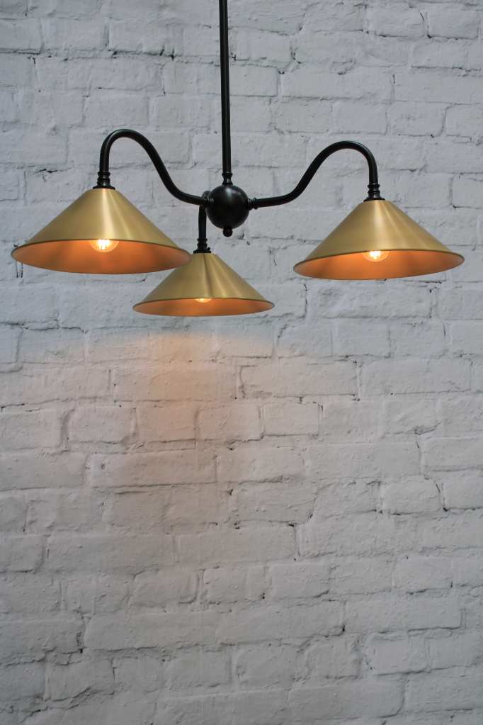 3 light gooseneck chandelier with brass shades