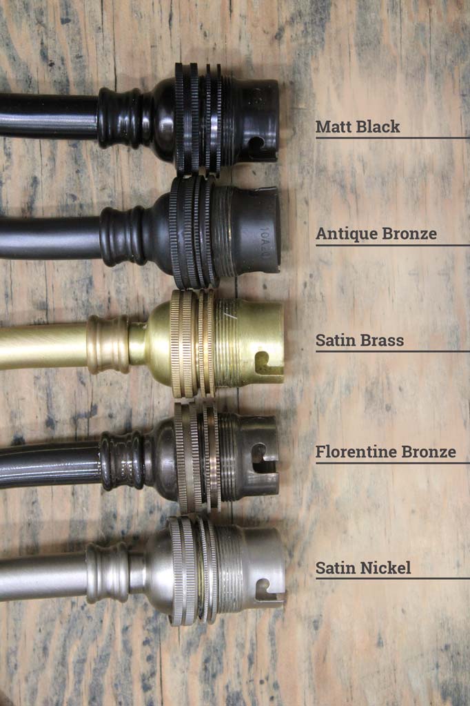 Finishes in matt black, antique bronze, satin brass, florentine bronze, and satin nickel. 