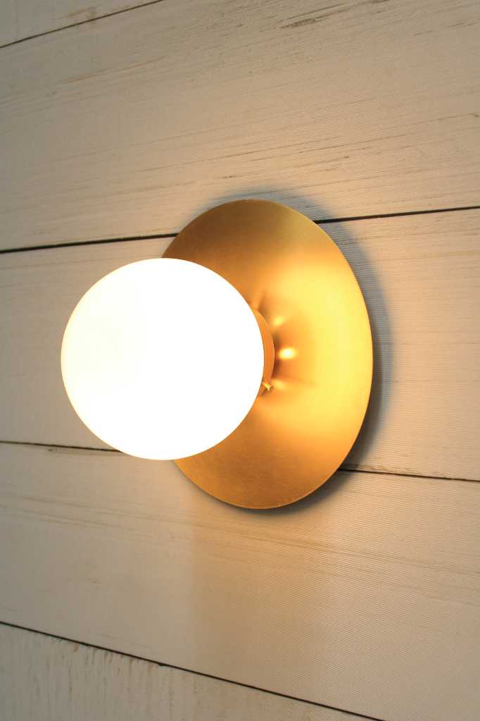 Glass Ball Disc Wall Light - small opal with large brass disc