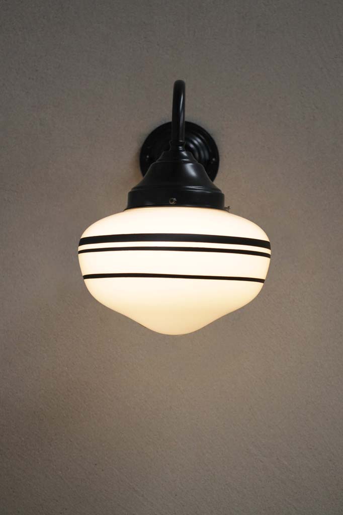 Gooseneck wall light with three stripe opal shade