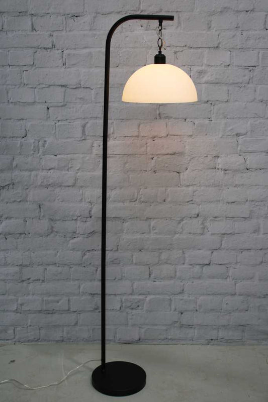 black floor lamp with opal glass dome shade