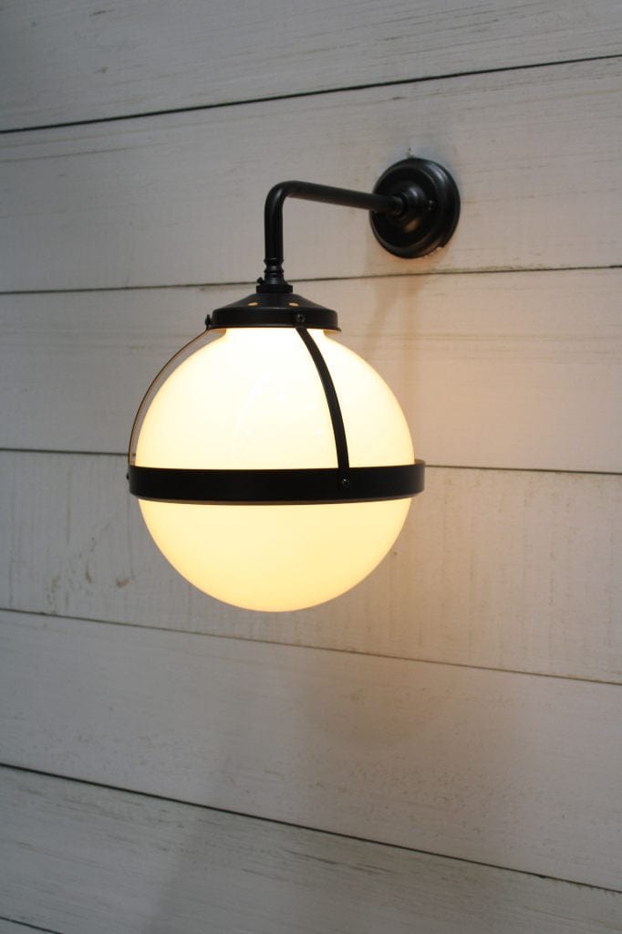 Huxley wall light with black 90 degree arm and medium opal shade