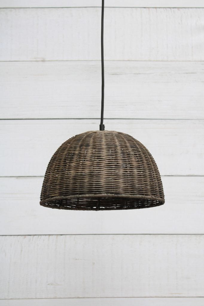 Rattan dome light in brown finish with black braided cord unlit