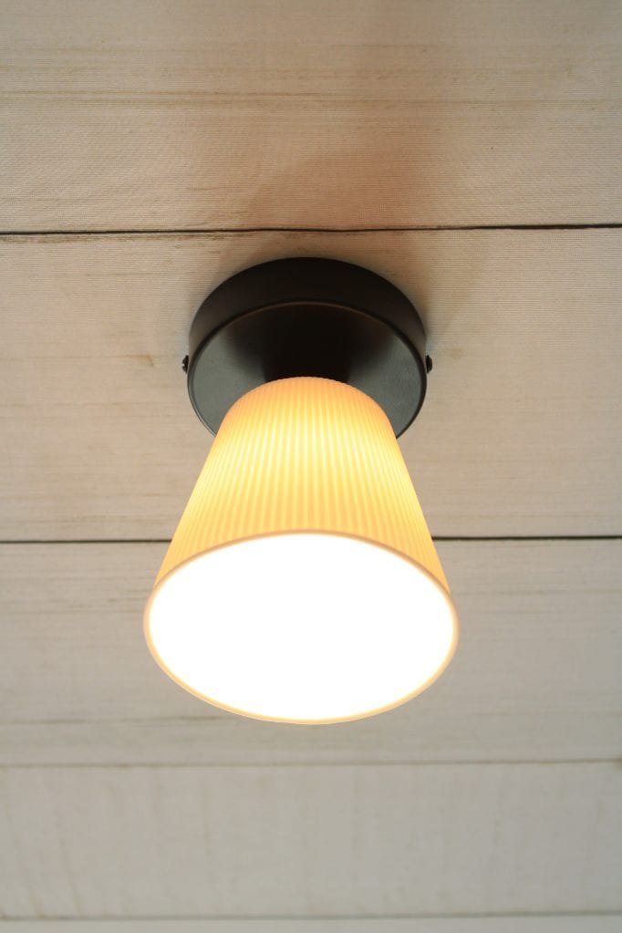 Ceiling light with black base and small ceramic shade