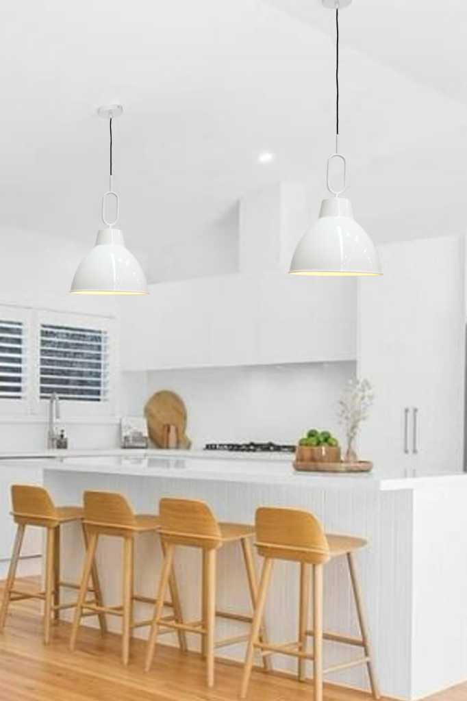 white loop loft pendant light in kitchen setting